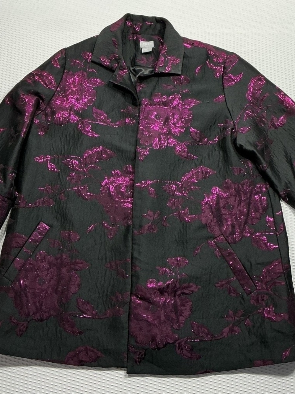 Chico's Black Jacket with Metallic Fuchsia Floral Jacquard